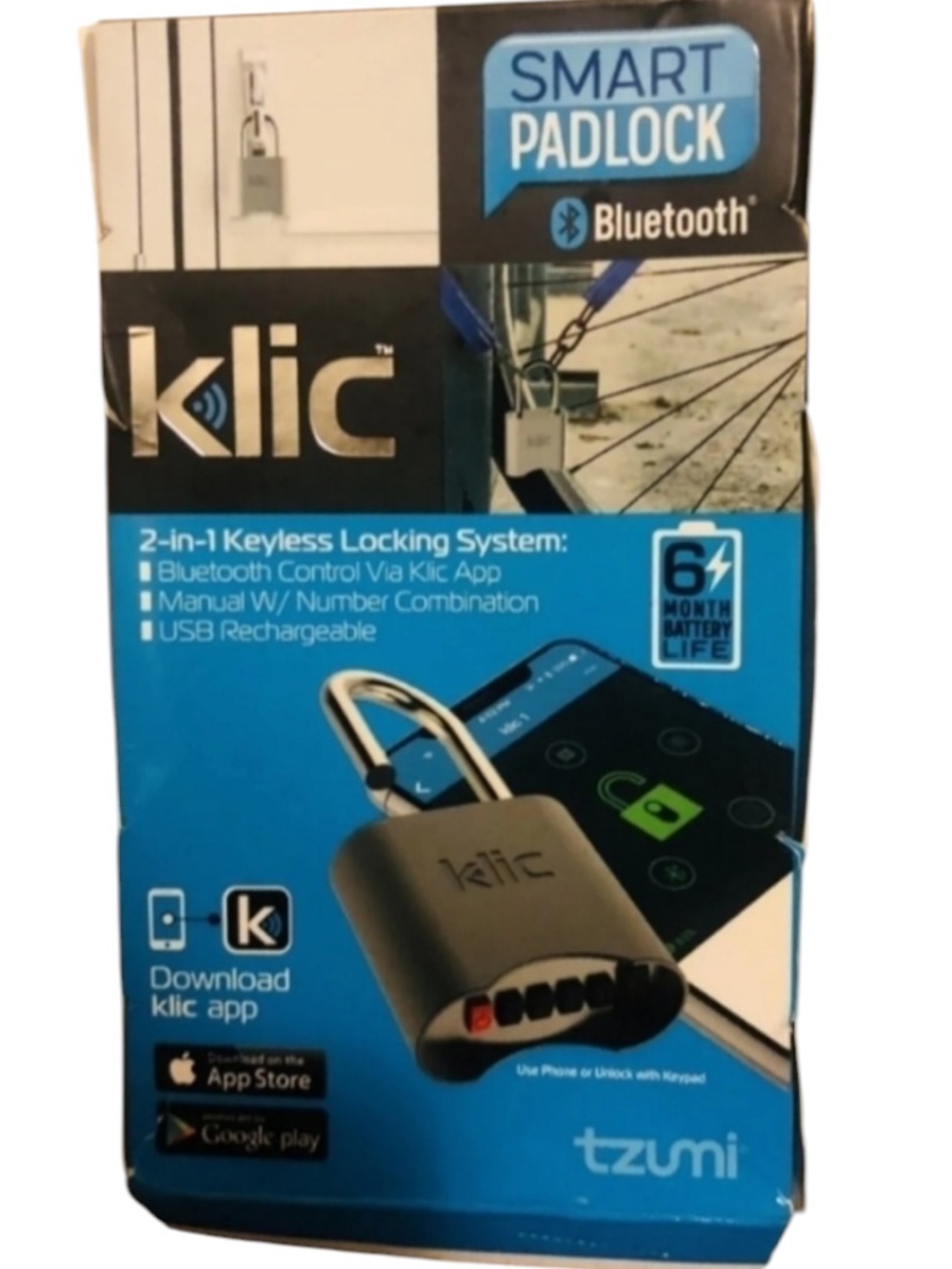 Klic Padlock Bluetooth Keyless USB Apple Android Rechargeable Lock